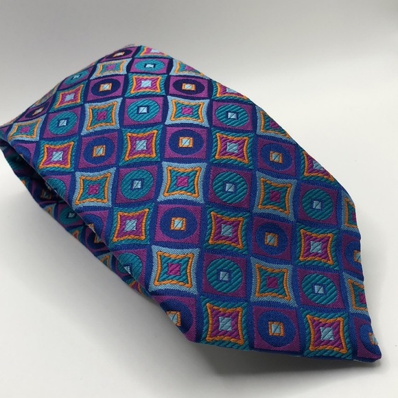 Louis Dell’Olio Other - ITALIAN Silk Geometric Print Tie in Vibrant Blues-Purple-Navy-Gold